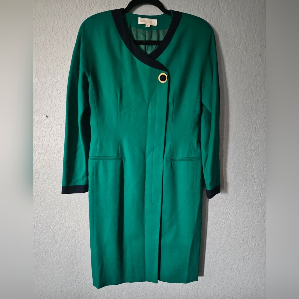 VTG Barrie Pace Ltd Green Dress With Black Collar & Cuffs Size 8 One Button Wool